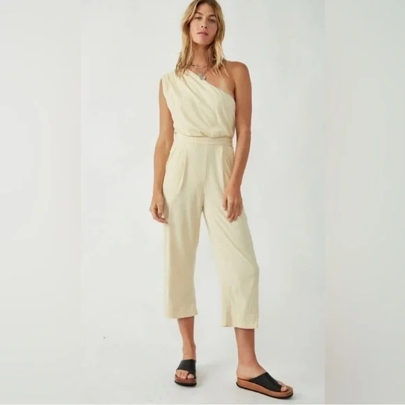 Free People Avery Jumpsuit Women’s‎ Size 0 One Shoulder Boho Cream Washed Out - Picture 1 of 13